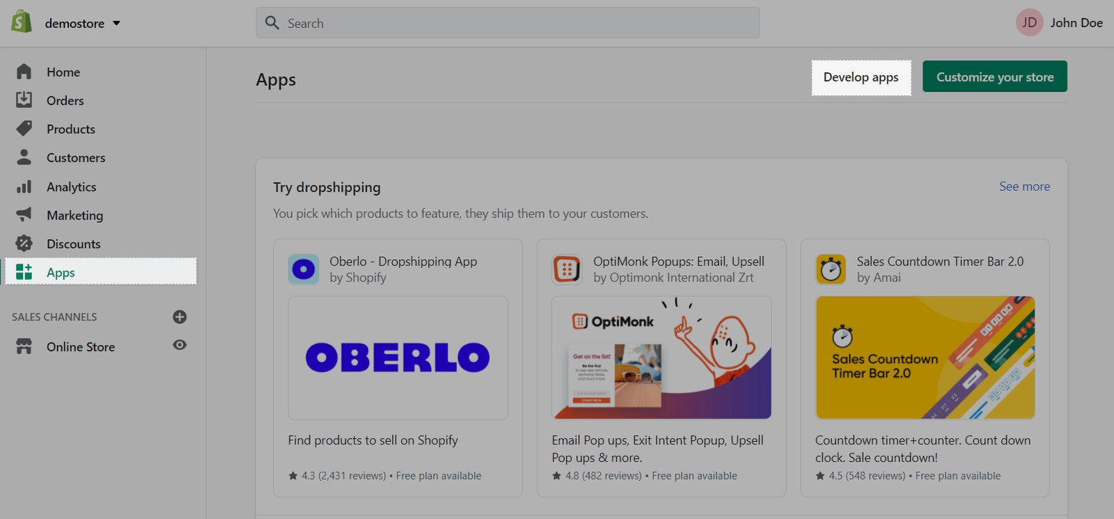 Tại trang quản trị Shopify, bạn đi tới Apps, chọn Develop apps