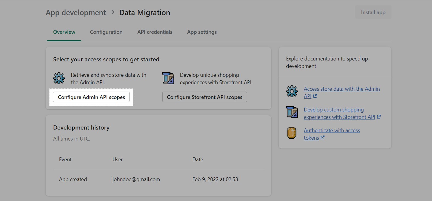 Tại tab Overview, nhấp vào Configure Admin API scopes