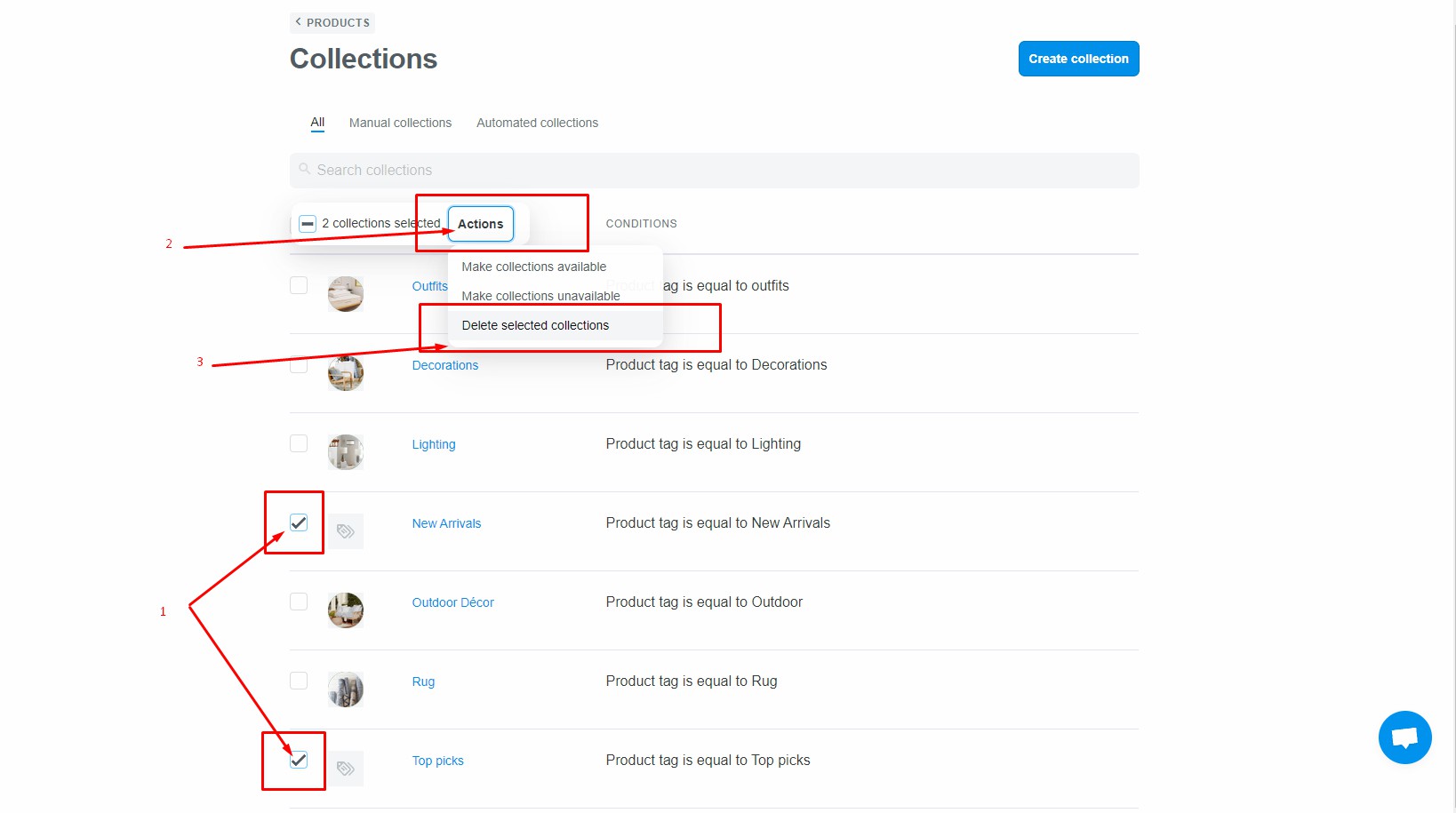 Bạn chọn Delete selected collections để xóa các bộ sưu tập được chọn