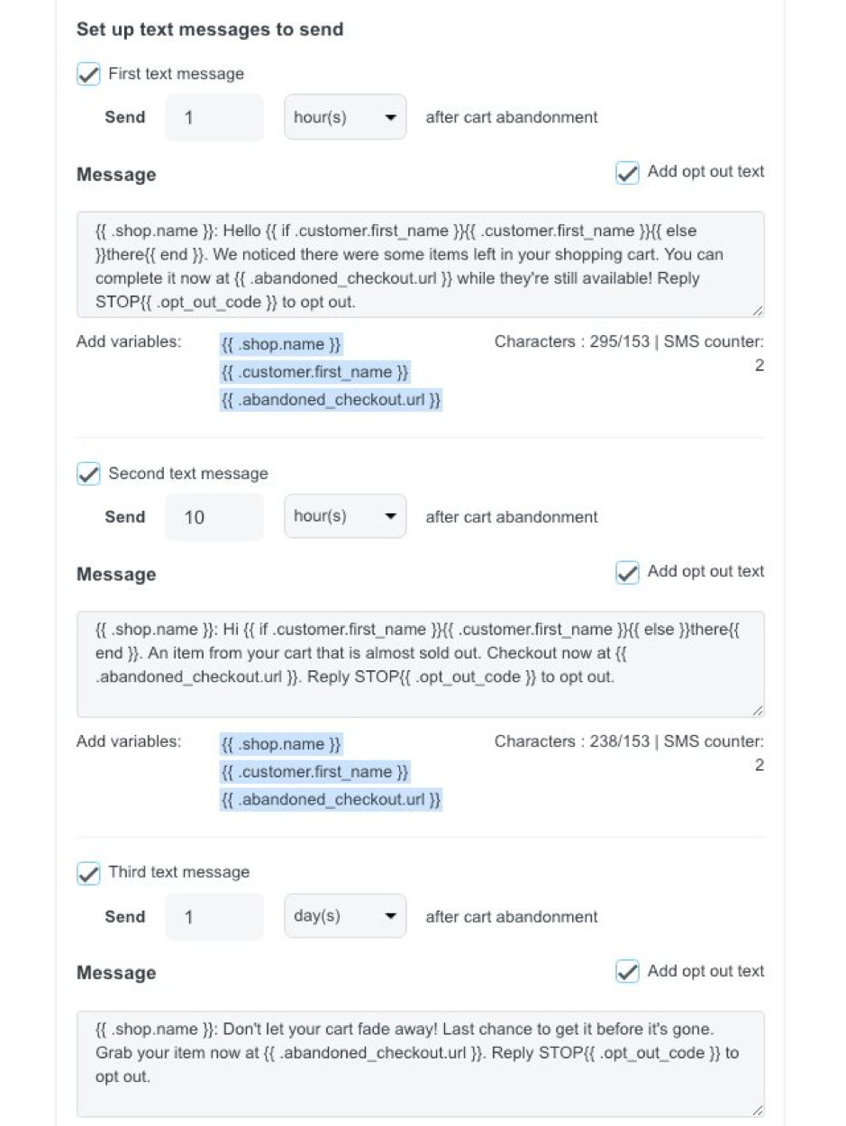 ShopBase recovery SMS settings before optimization